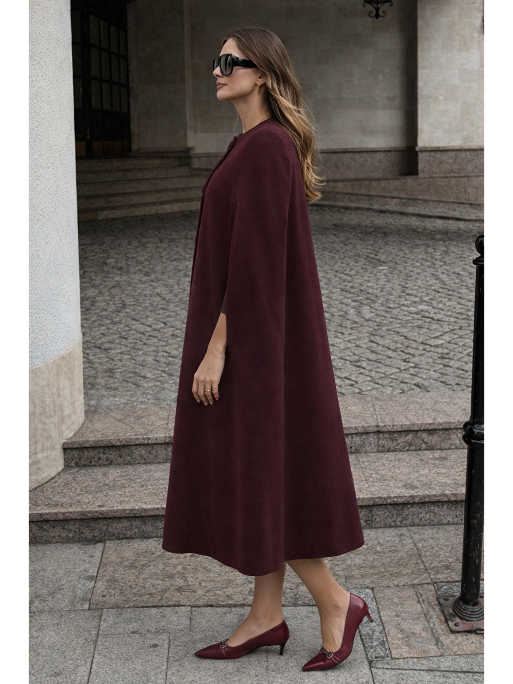 Kadın Kolsuz Relax Fit Bordo Kaşe Panço-2