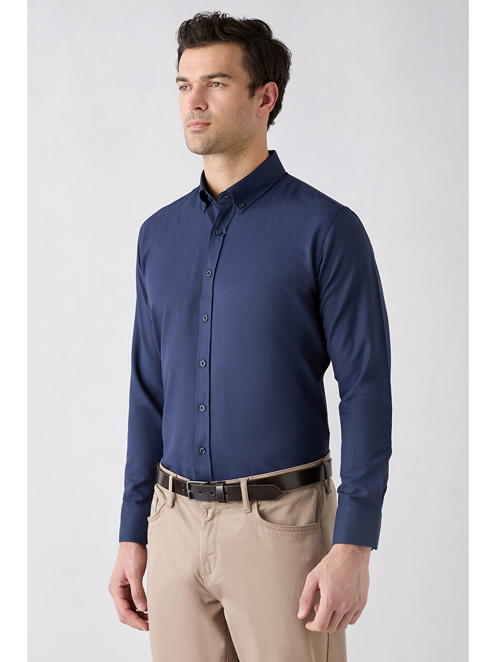 Lacivert Uzun Kol Slim Fit Düğmeli Yaka Pamuklu Kolay Ütülenebilir 4 Mevsim Oxford Gömlek-1