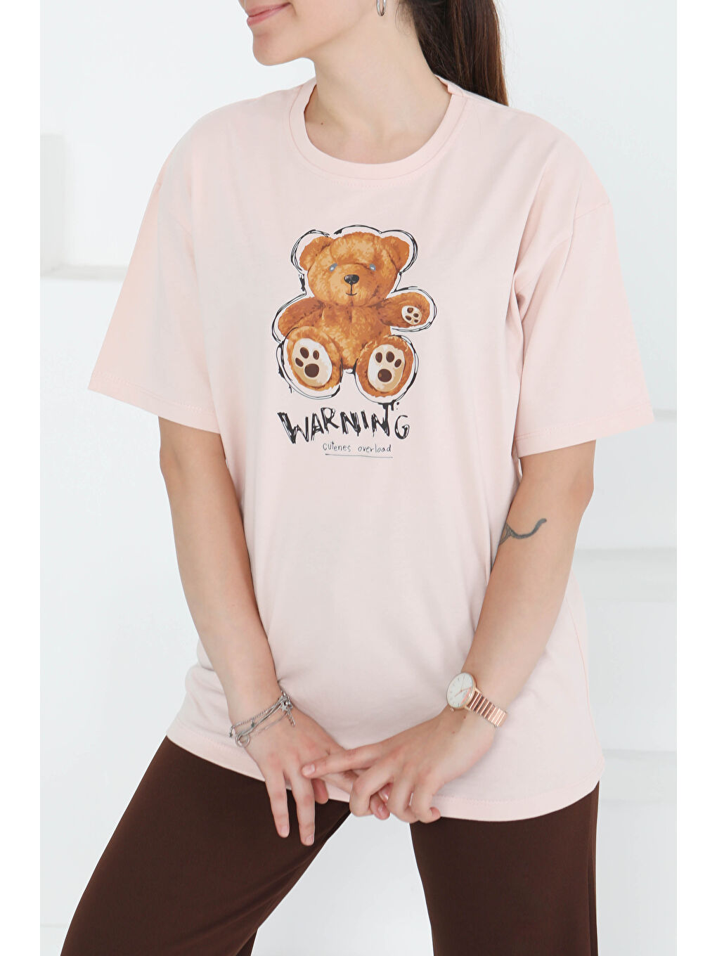 Pembe Baskılı Kısa Kollu T-Şhirt Pudra - 27350-1