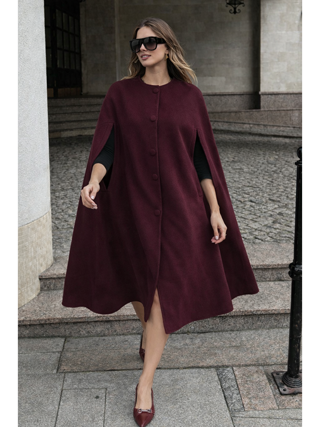 Kadın Kolsuz Relax Fit Bordo Kaşe Panço-3