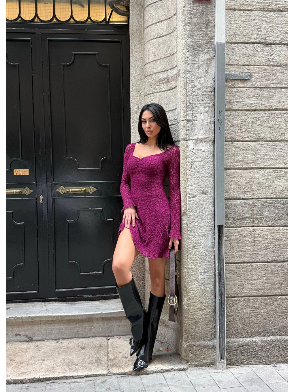 Kadın Mor Uzun Kollu Dantel Detay Astarlı Kloş Elbise HZL25W-FRY123531-2