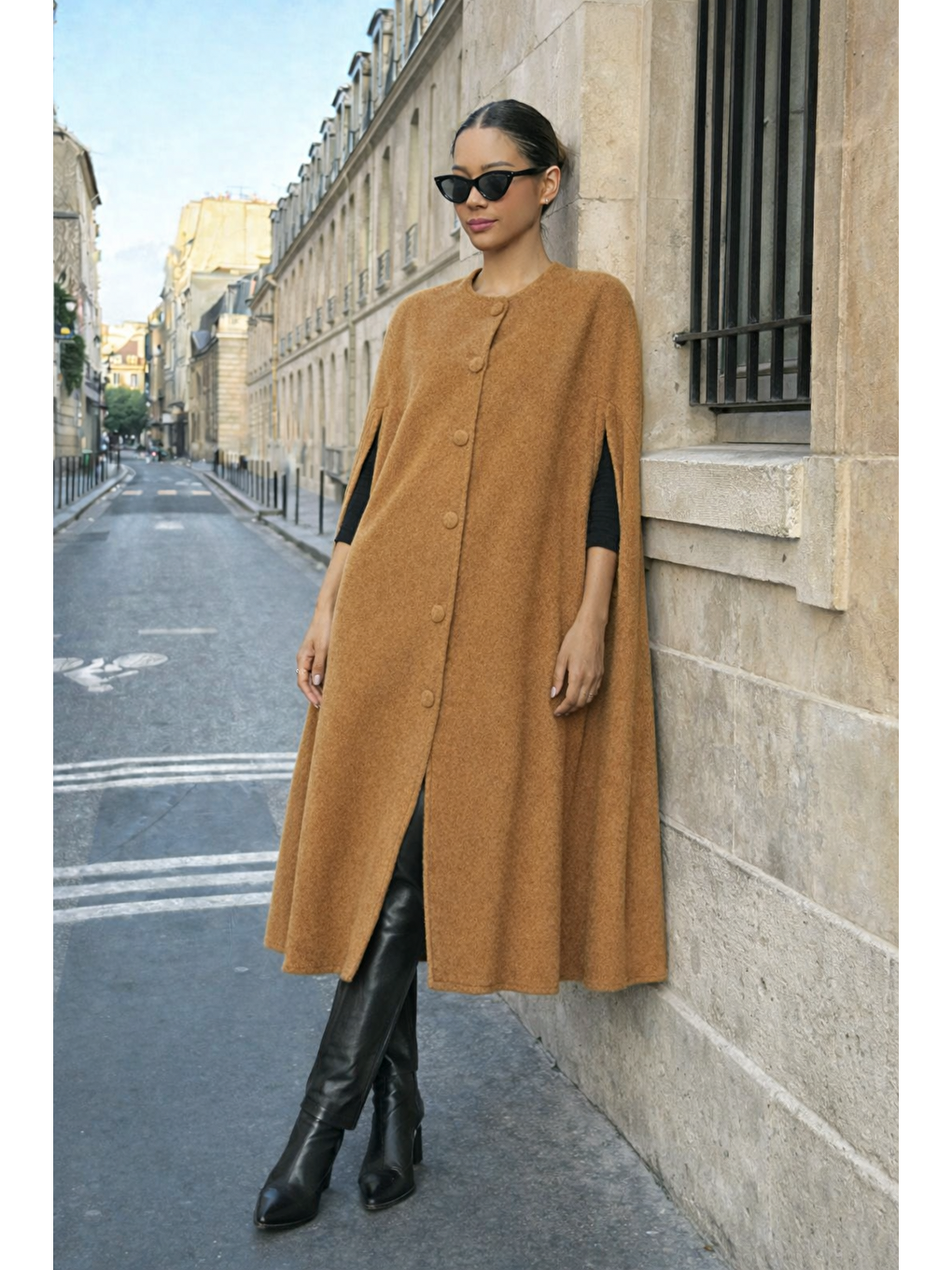 Kahverengi Kadın Günlük Kolsuz Bol Kahve Kaşe Panço-5