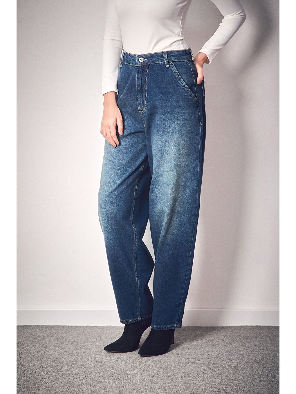 Mavi Fermuarlı Şalvar Jean Pantolon-1