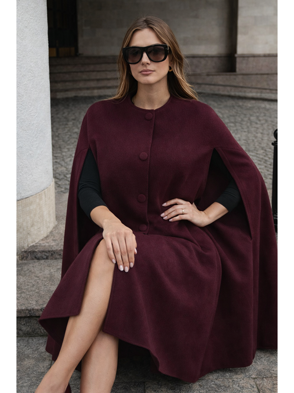 Kadın Kolsuz Relax Fit Bordo Kaşe Panço-4