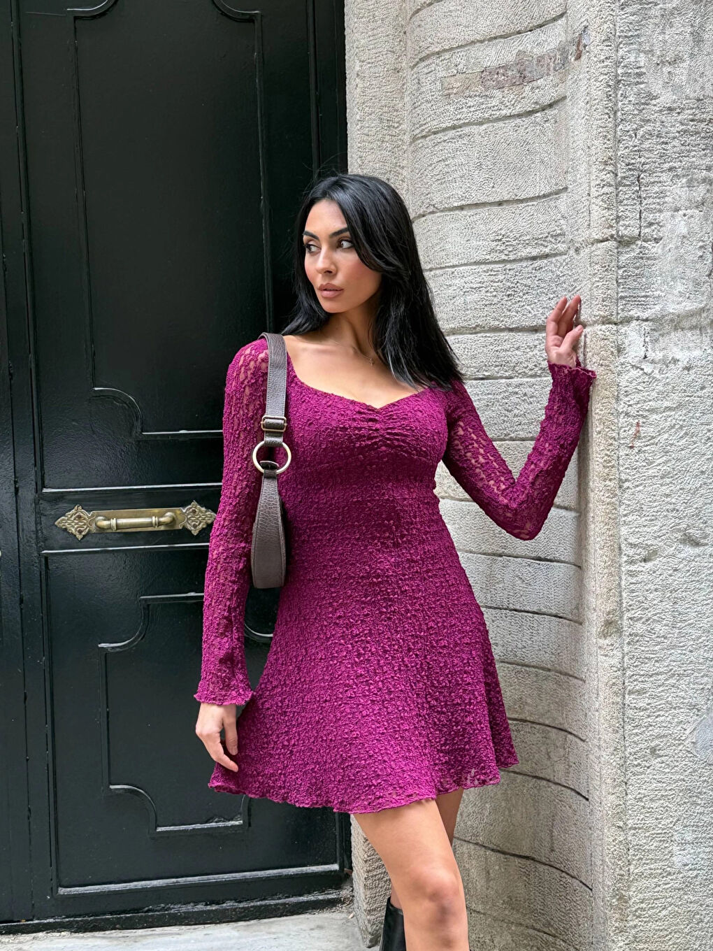 Kadın Mor Uzun Kollu Dantel Detay Astarlı Kloş Elbise HZL25W-FRY123531-3