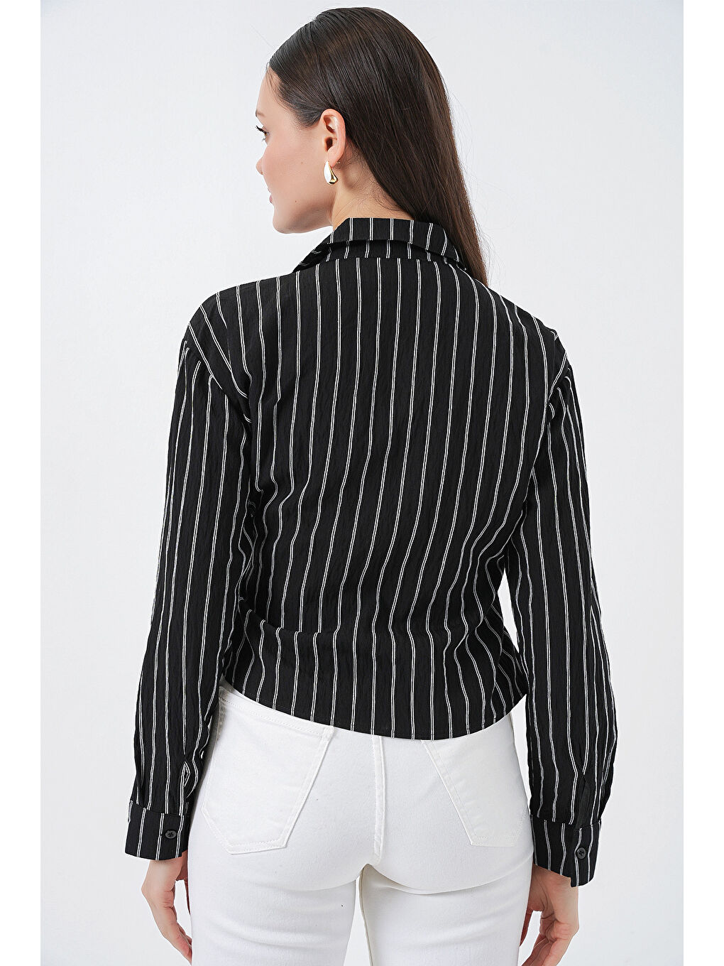 Kadın Önü Bağlamalı Çizgili Gömlek 20362 - Siyah-7