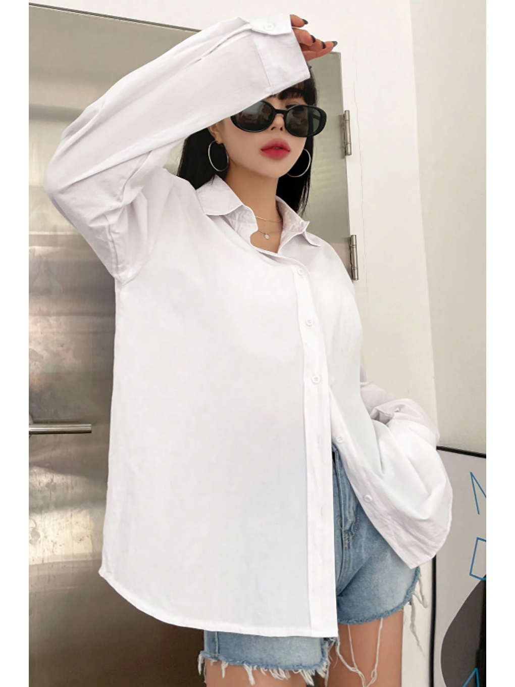 Oversize Basic Uzun Kollu Gömlek Beyaz-1