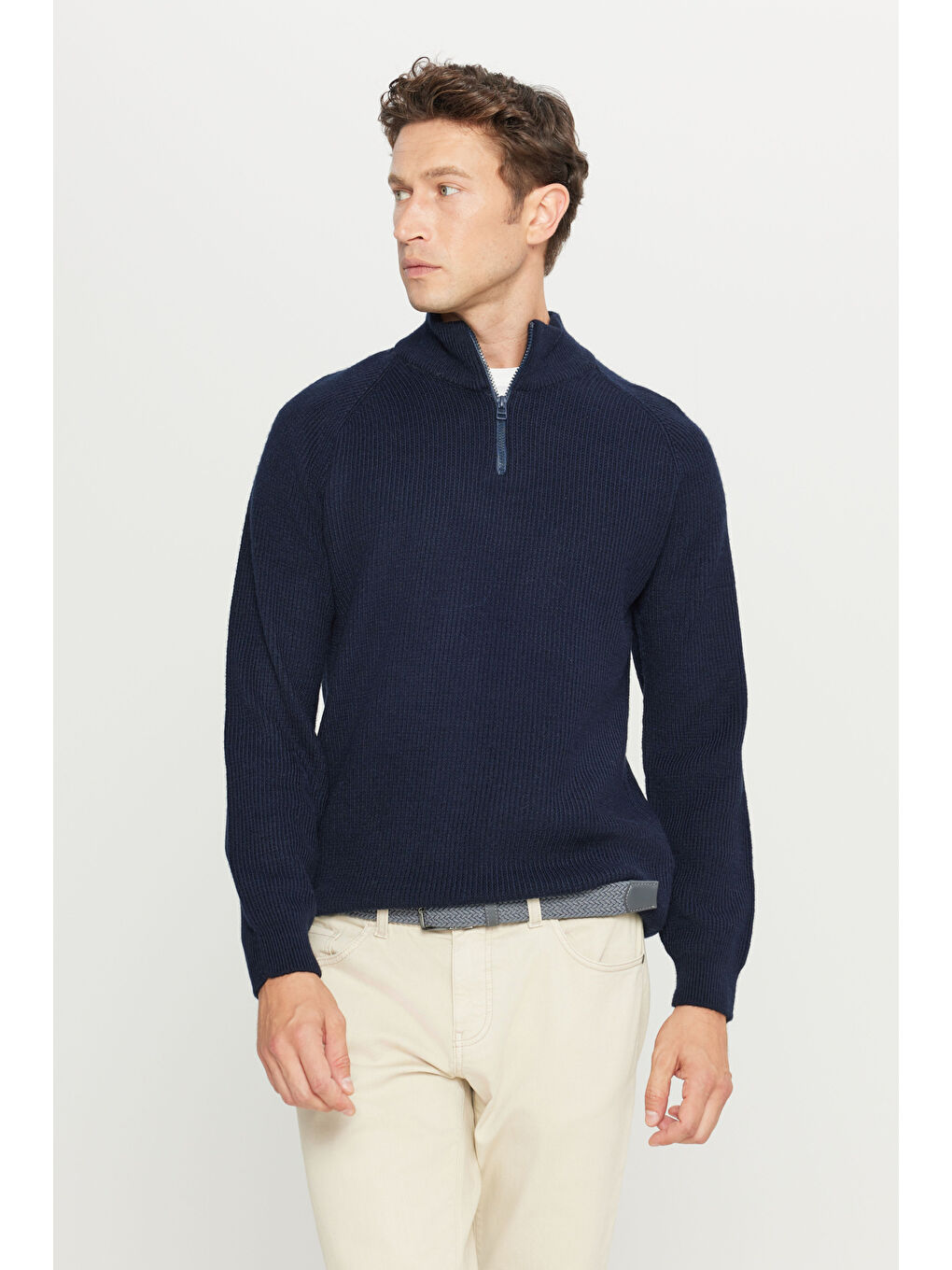 Erkek Lacivert Standart Fit Normal Kesim Bato Yaka Triko Kazak-2