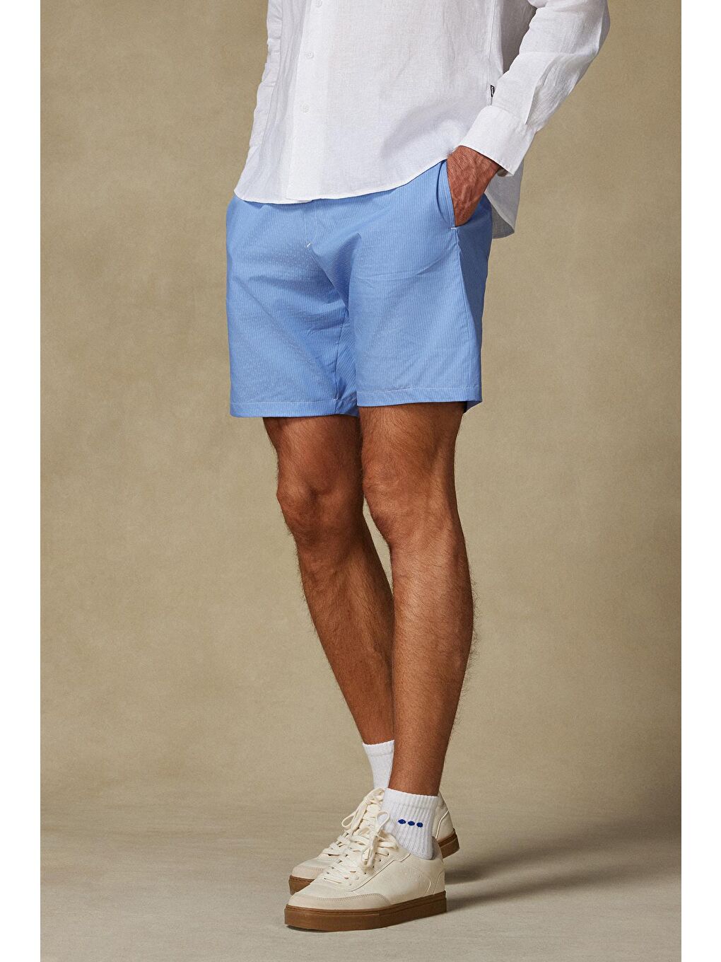 Sky Poplin Pamuklu Comfort Fit Koyu Mavi Erkek Çizgili Şort-2