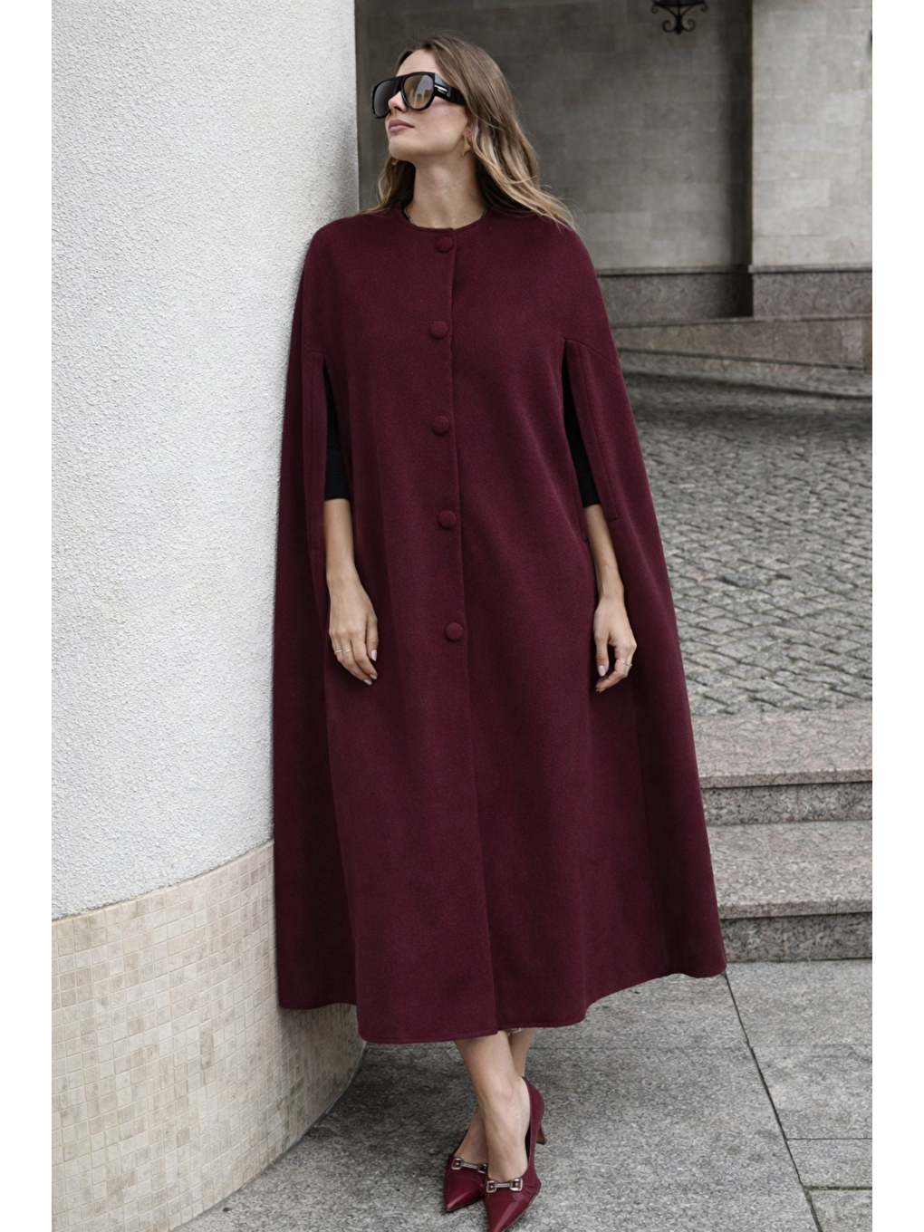 Kadın Kolsuz Relax Fit Bordo Kaşe Panço-5