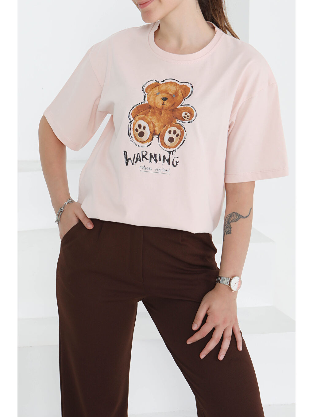 Pembe Baskılı Kısa Kollu T-Şhirt Pudra - 27350-2