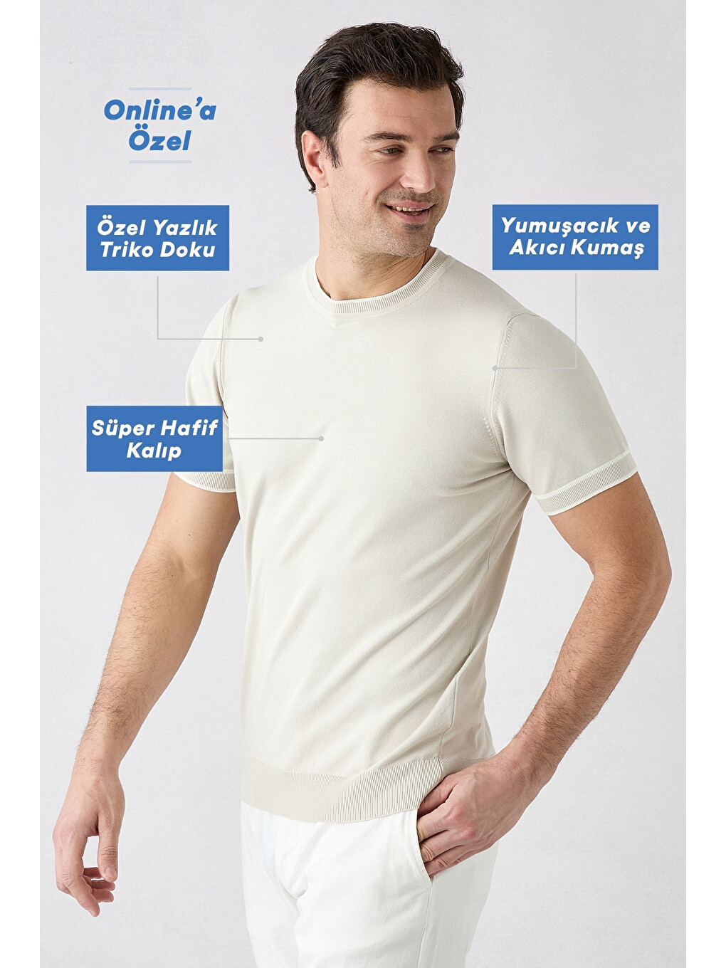 Bej Bisiklet Yaka Regular Fit Ribana Detaylı Örme Tişört