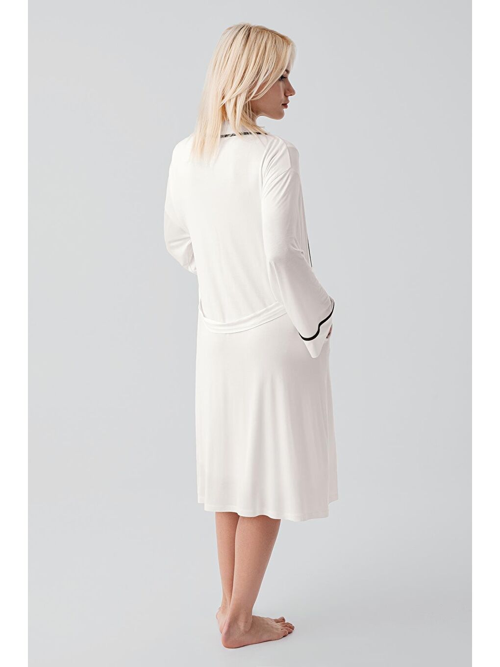 Ekru Kısa Kollu Emzirme Bölmeli Esnek Viskoz Hamile Sabahlık Gecelik Takım 19417-7