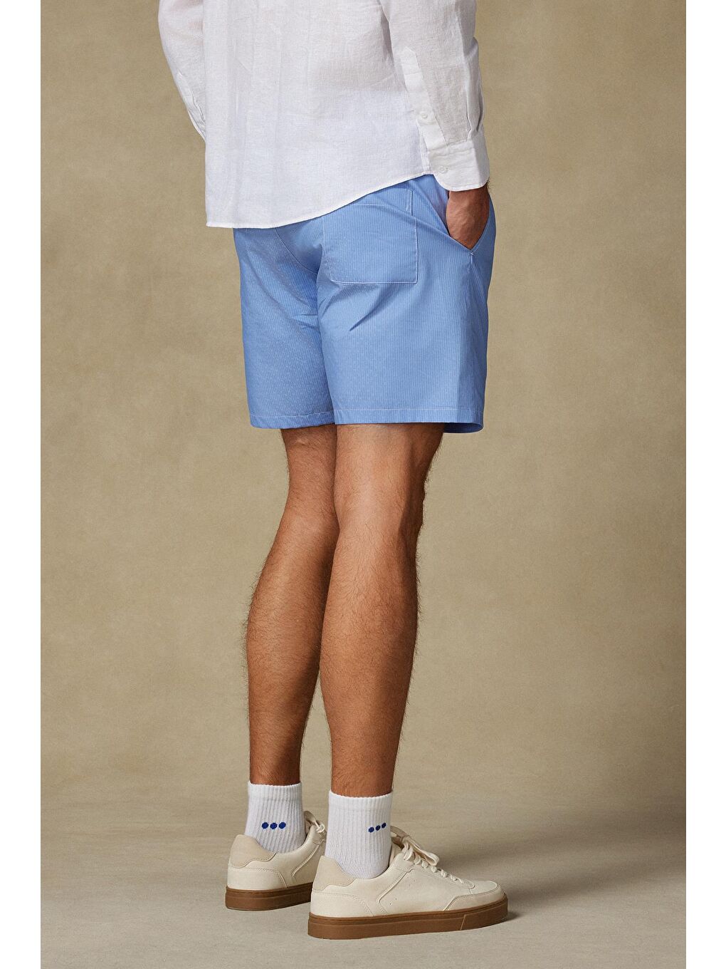 Sky Poplin Pamuklu Comfort Fit Koyu Mavi Erkek Çizgili Şort-3