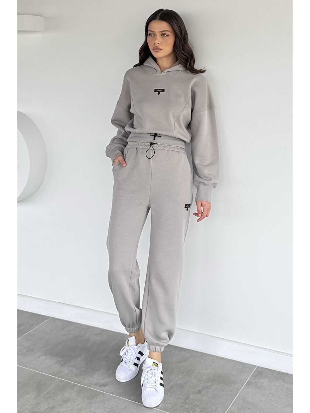 Gri Kadın Üç İplik Şardonlu Kapüşonlu Eşofman Takımı-1