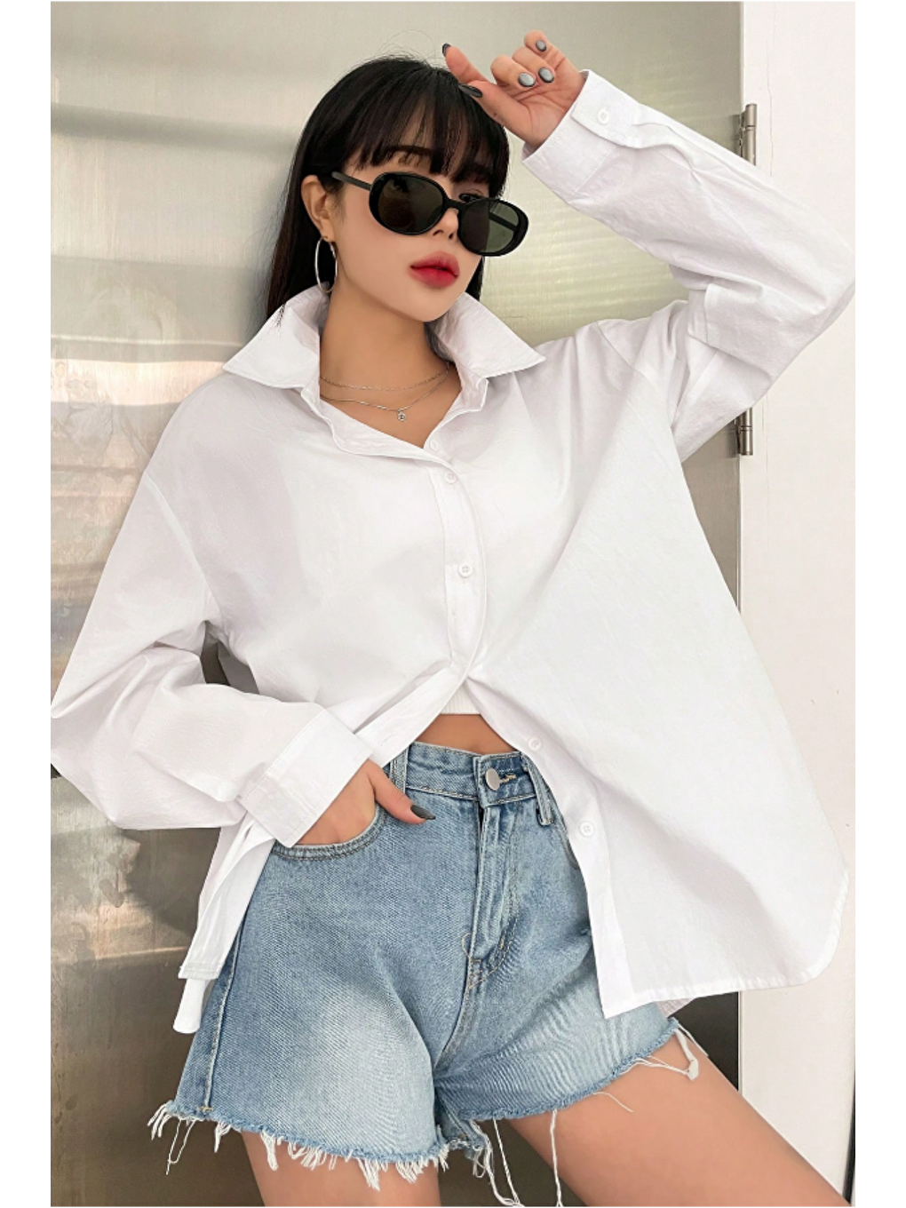 Oversize Basic Uzun Kollu Gömlek Beyaz-4