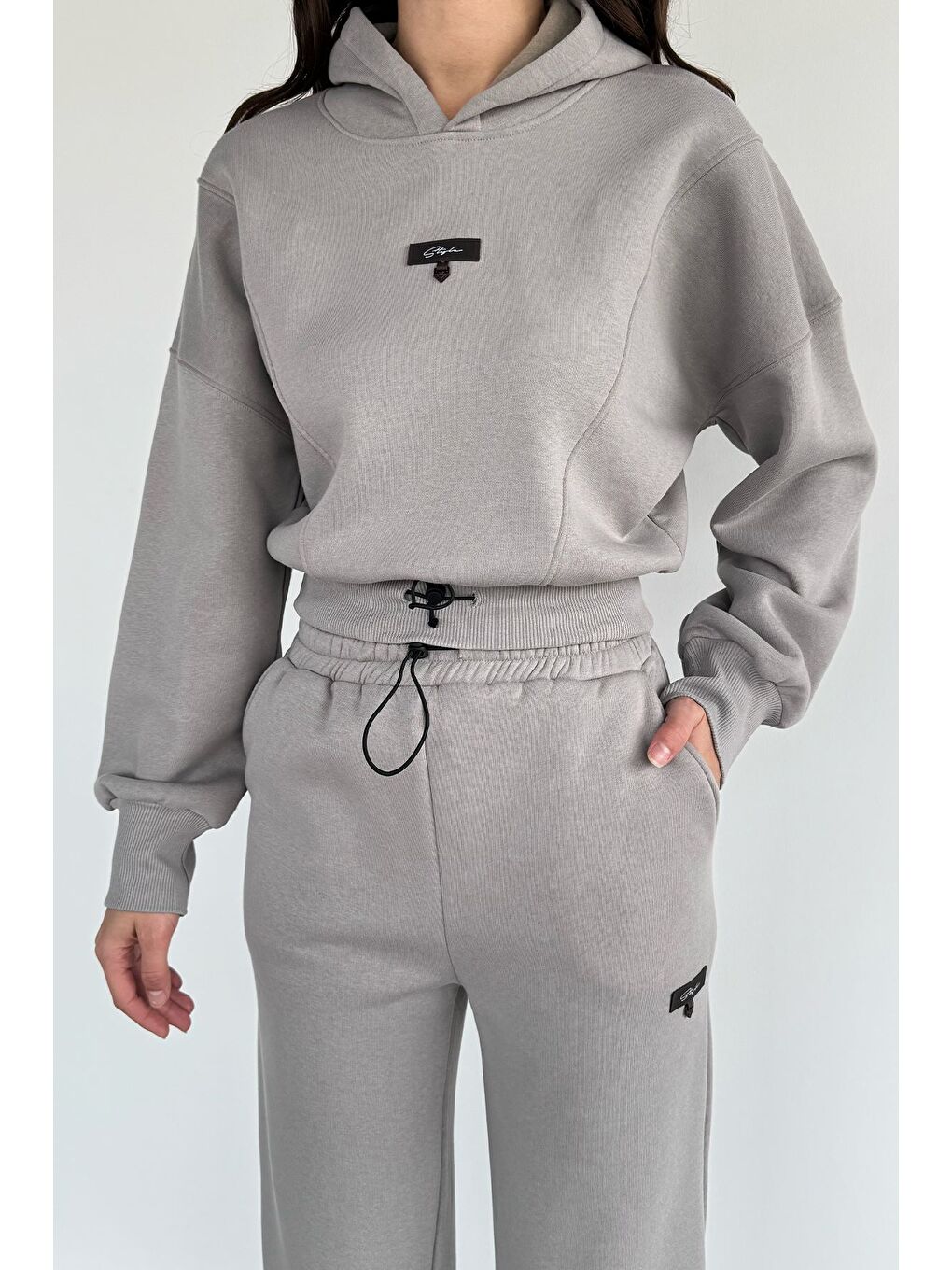 Gri Kadın Üç İplik Şardonlu Kapüşonlu Eşofman Takımı-2
