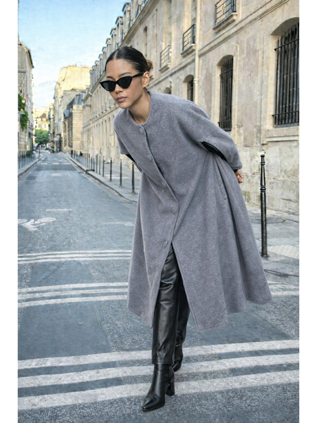 Gri Kadın Günlük Kolsuz Bol Füme Kaşe Panço-1