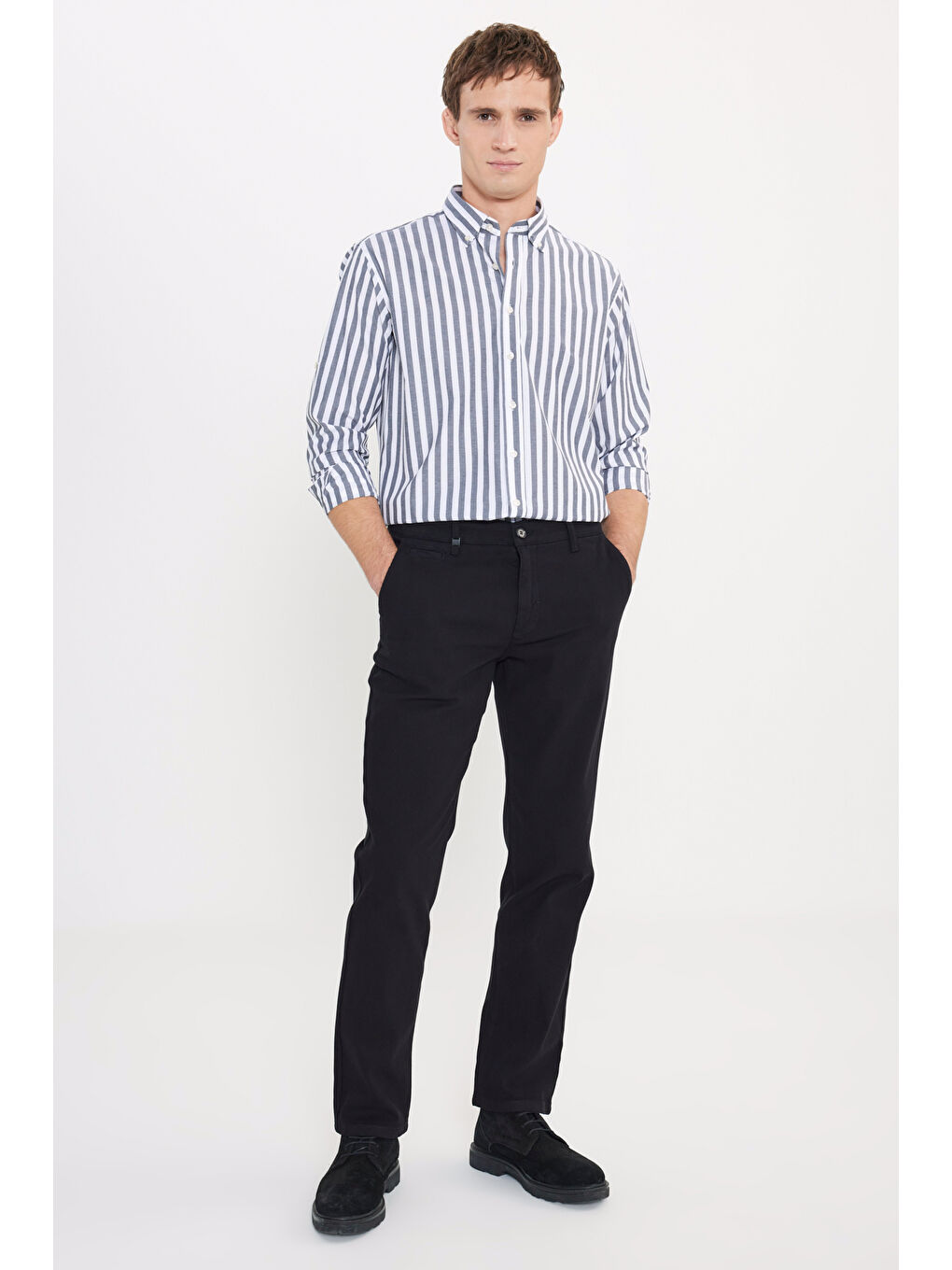 Erkek Siyah Pamuklu Comfort Fit Rahat Kesim Armürlü Yan Cep Esnek Casual Pantolon-2