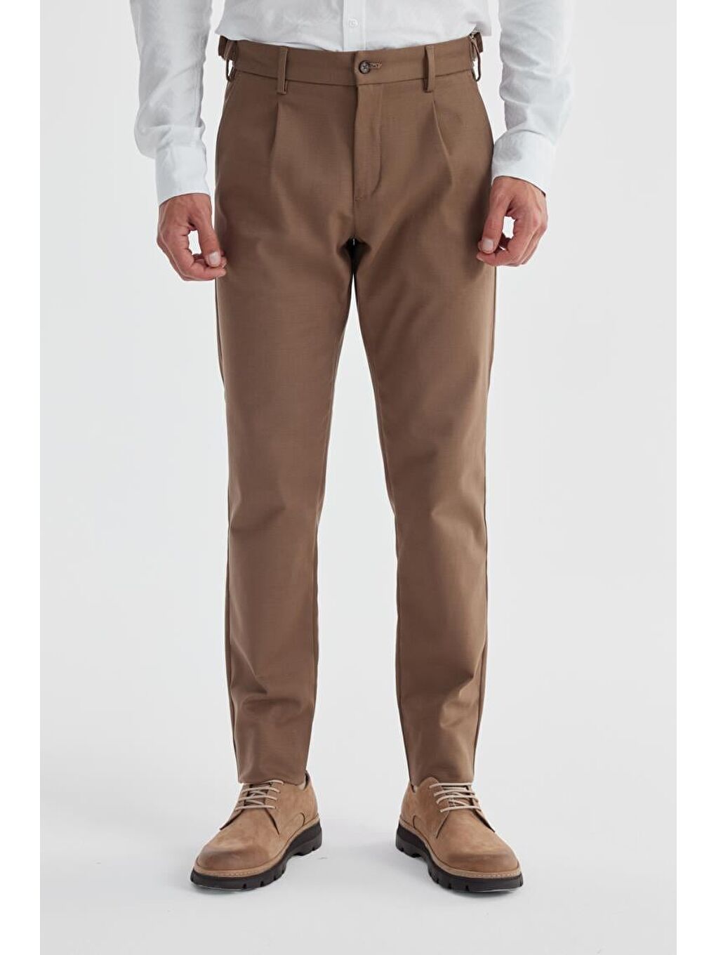 Kahverengi Taba Comfort Fit Çift Pileli Beli Tokalı Pamuklu Kanvas Pantolon