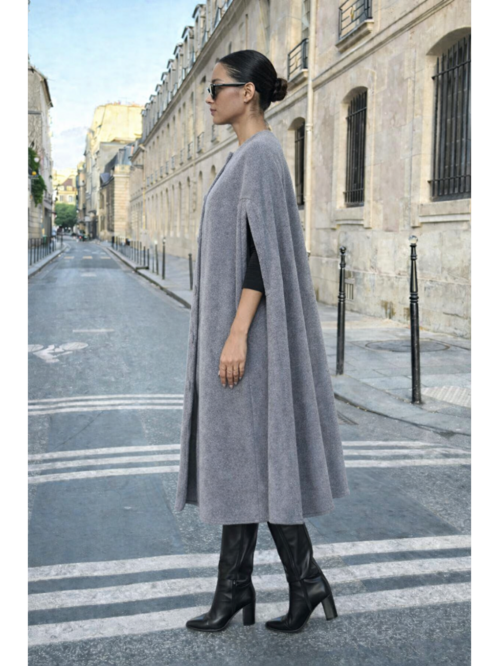 Gri Kadın Günlük Kolsuz Bol Füme Kaşe Panço-2