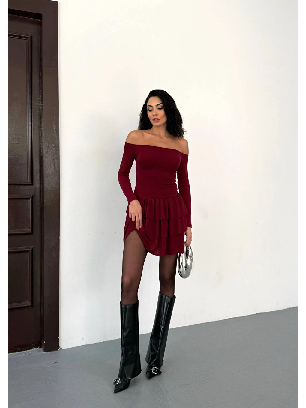 Kadın Bordo Straplez Yaka Kat Kat Etek Detaylı Mini Elbise HZL25W-FRY123581-2