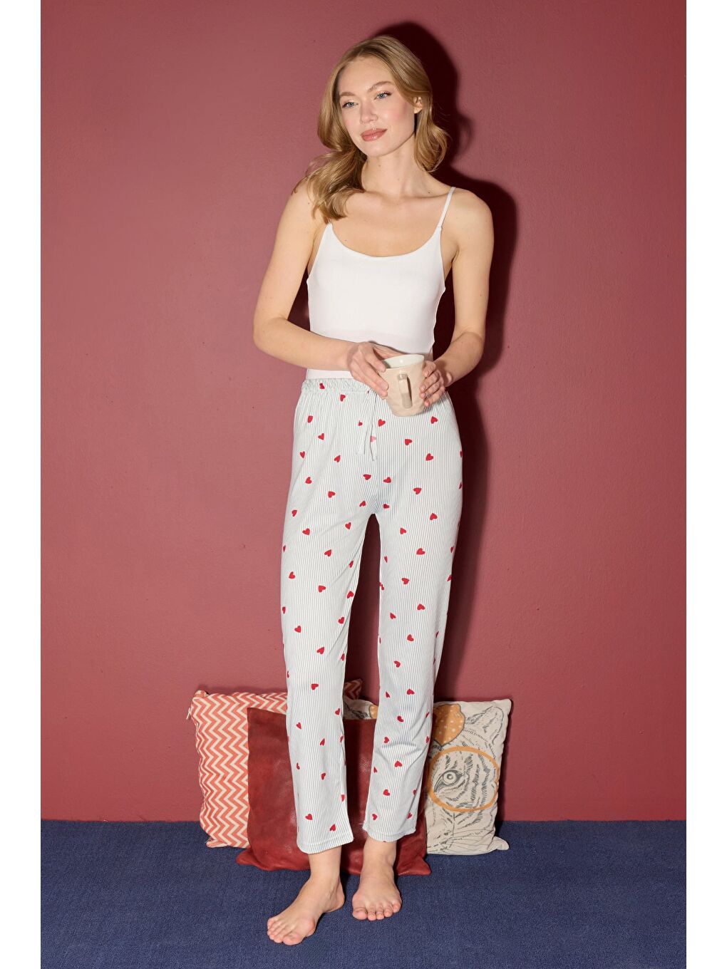 Gri Ekose Desenli Beli Lastikli Pijama Altı