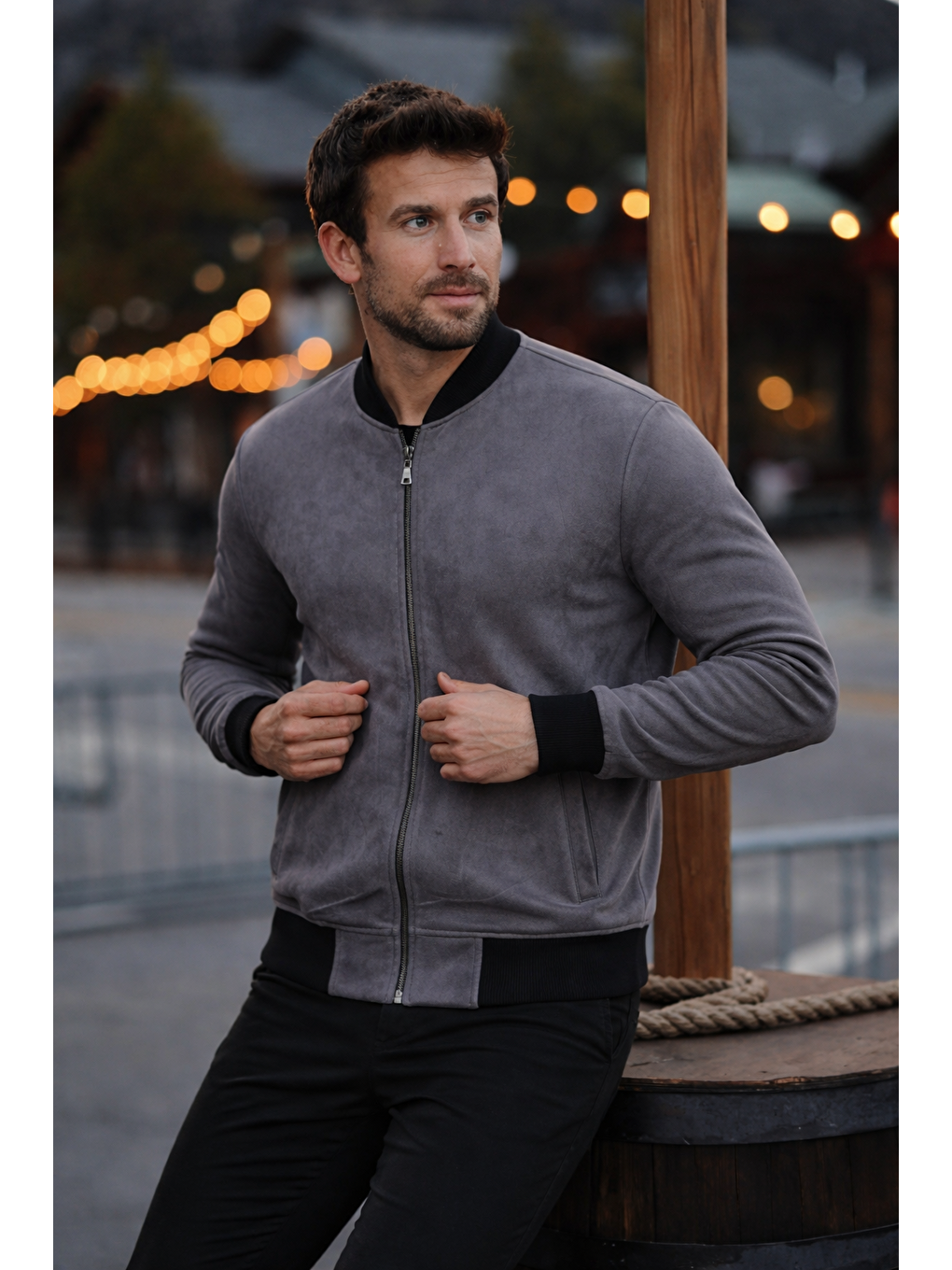 Gri Erkek Comfort Fit Basic Füme Süet Nubuk Ceket