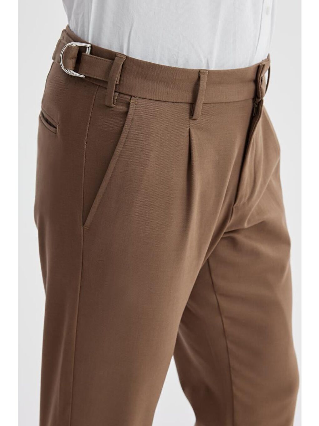 Kahverengi Taba Comfort Fit Çift Pileli Beli Tokalı Pamuklu Kanvas Pantolon-2