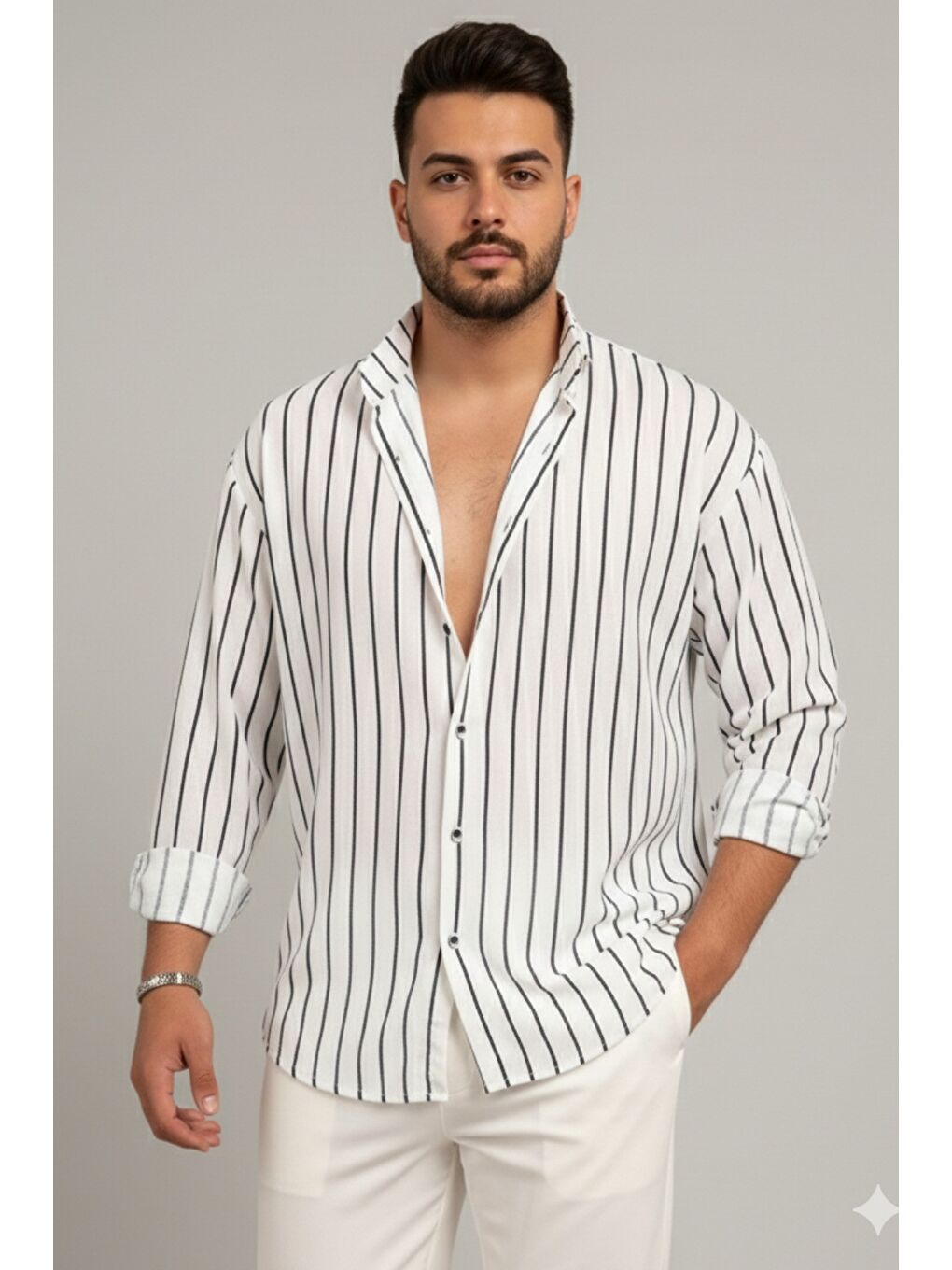 Beyaz Erkek İki Çizgili Regular Relaxed Fit Uzun Kollu Gömlek