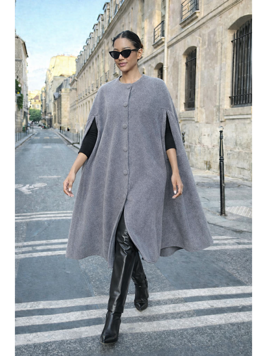 Gri Kadın Günlük Kolsuz Bol Füme Kaşe Panço-3