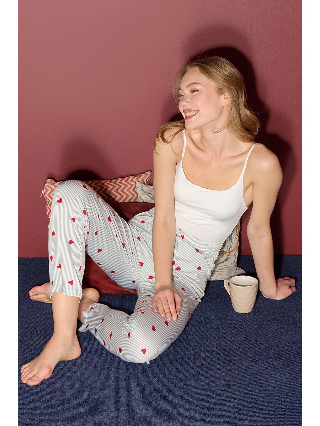 Gri Ekose Desenli Beli Lastikli Pijama Altı-2