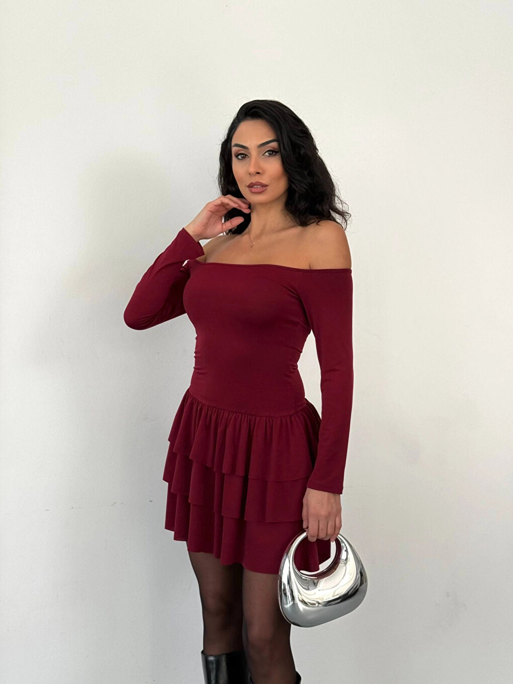 Kadın Bordo Straplez Yaka Kat Kat Etek Detaylı Mini Elbise HZL25W-FRY123581-3
