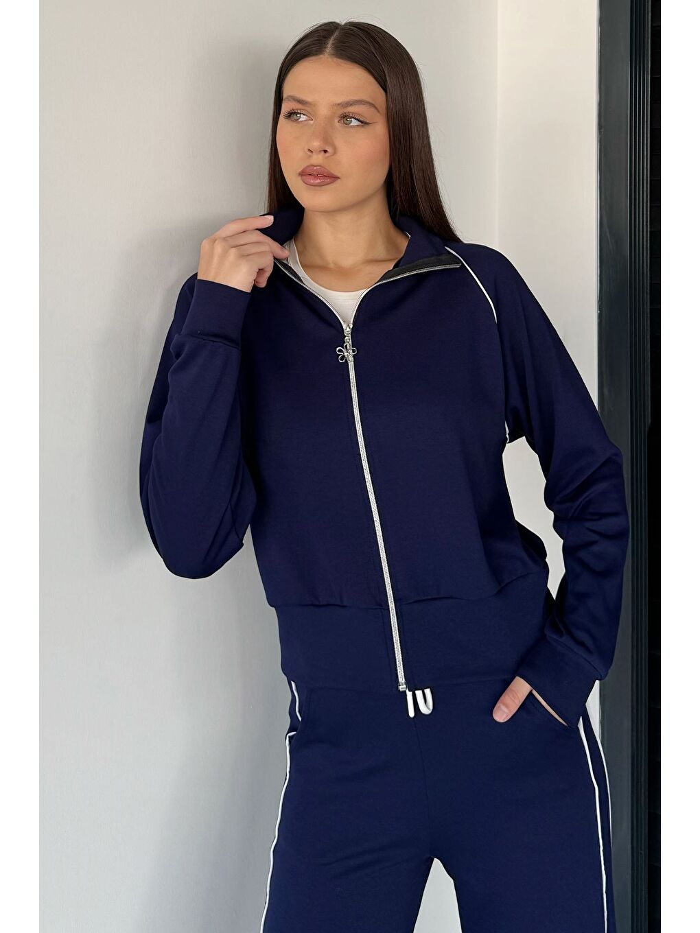 Lacivert Kadın Şerit Detaylı Fermuarlı Eşofman Takımı-2