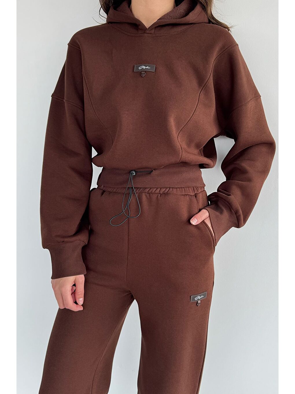 Kahverengi Kadın Üç İplik Şardonlu Kapüşonlu Eşofman Takımı