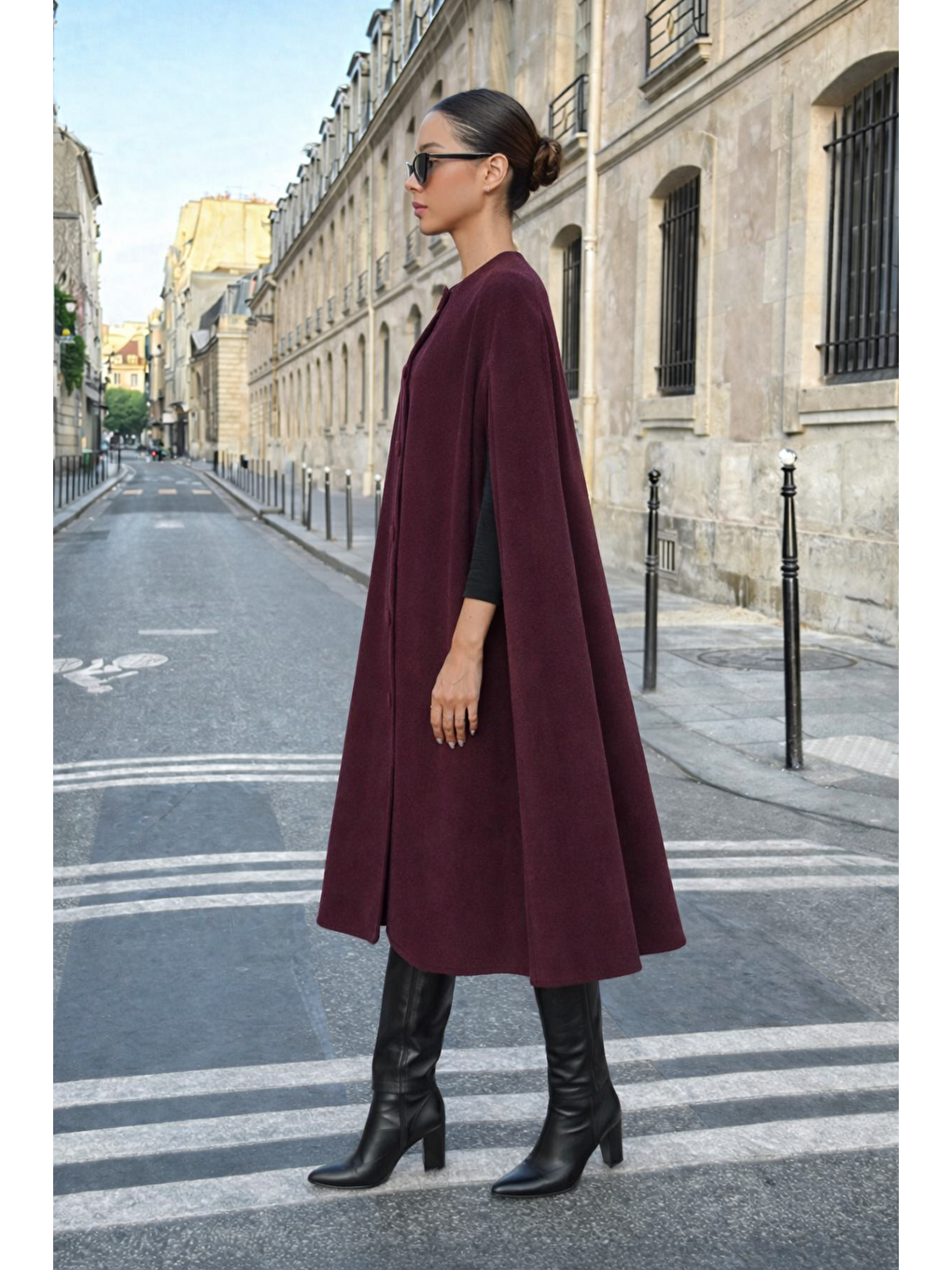 Kadın Günlük Kolsuz Bol Bordo Kaşe Panço-1