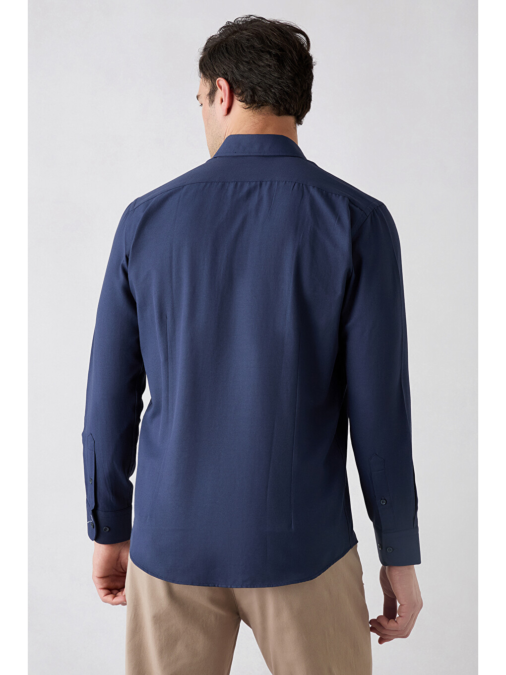 Lacivert Uzun Kol Slim Fit Düğmeli Yaka Pamuklu Kolay Ütülenebilir 4 Mevsim Oxford Gömlek-4