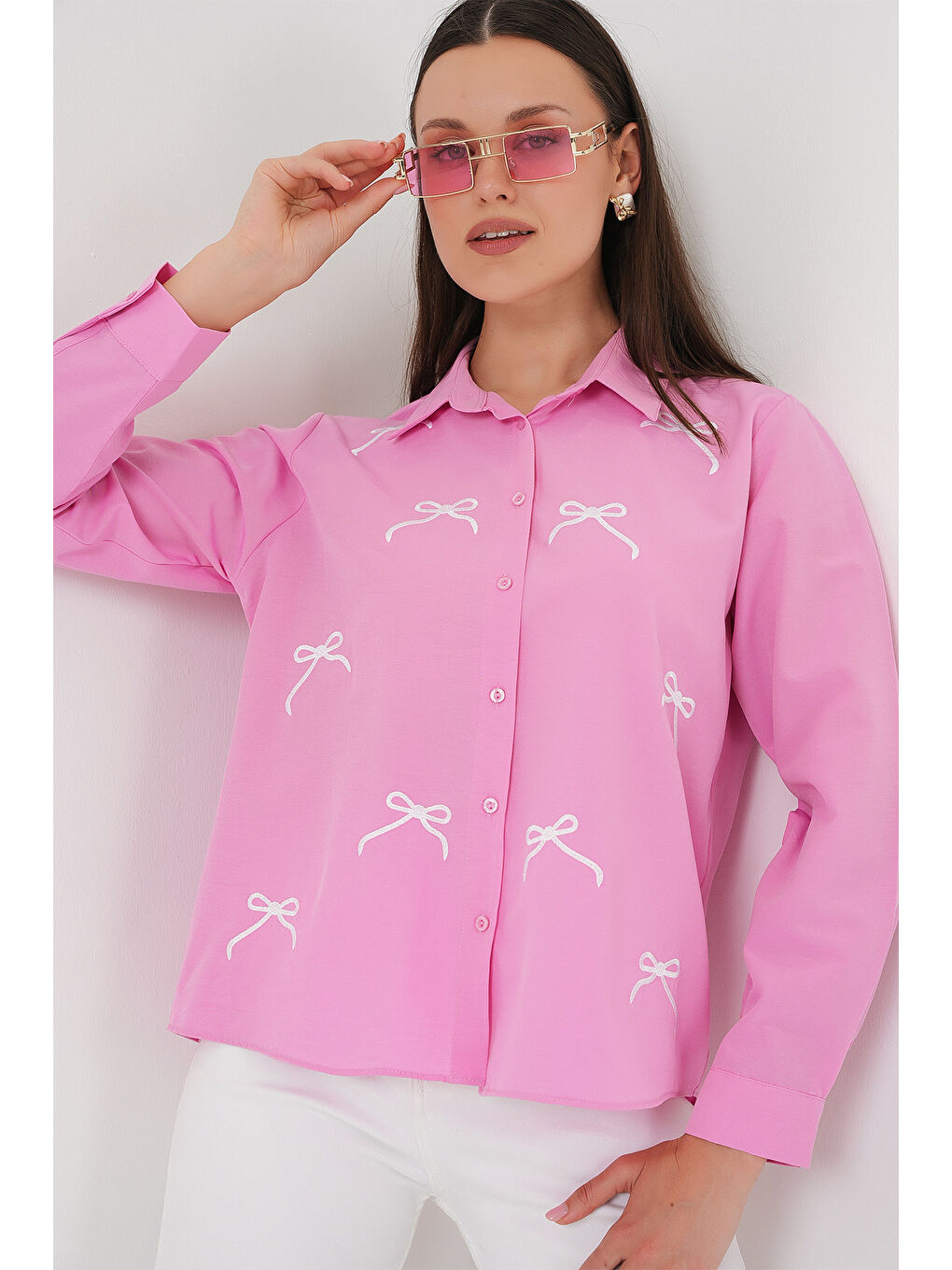 Kadın Fiyonk Detay Gömlek 20311 - Pembe