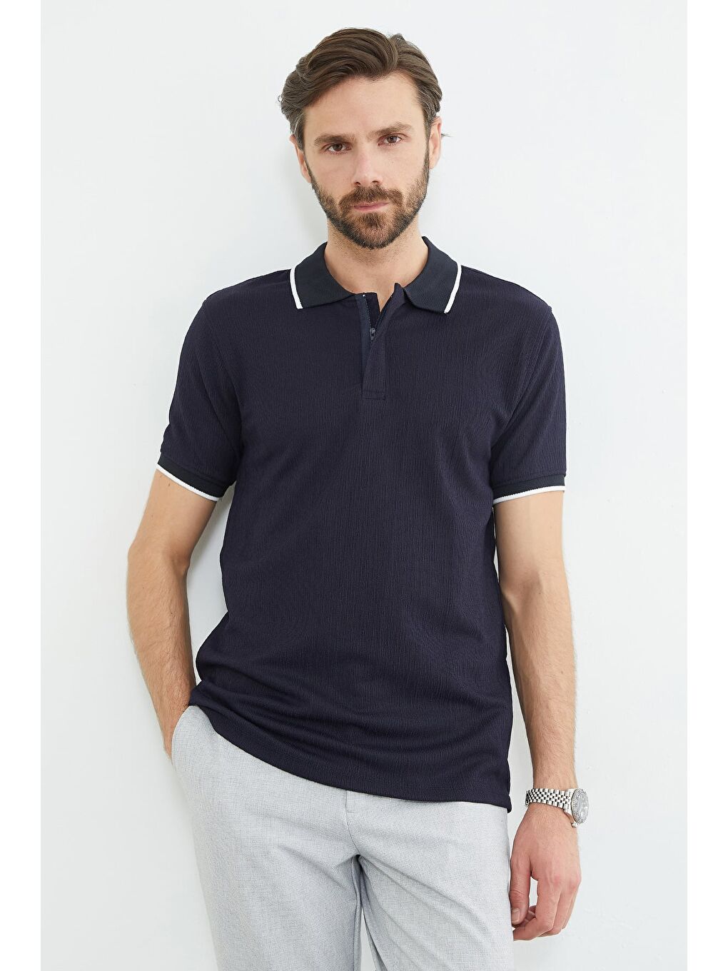 Lacivert Çizgili Yarım Fermuarlı Polo Yaka Tişört-1