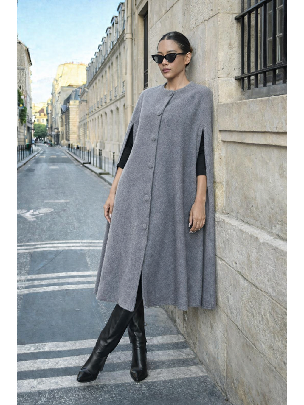 Gri Kadın Günlük Kolsuz Bol Füme Kaşe Panço-5