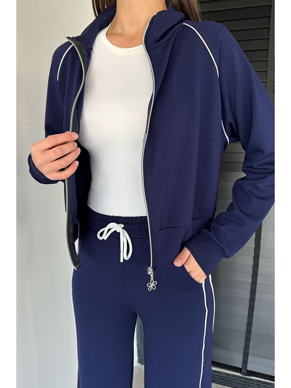 Lacivert Kadın Şerit Detaylı Fermuarlı Eşofman Takımı-3