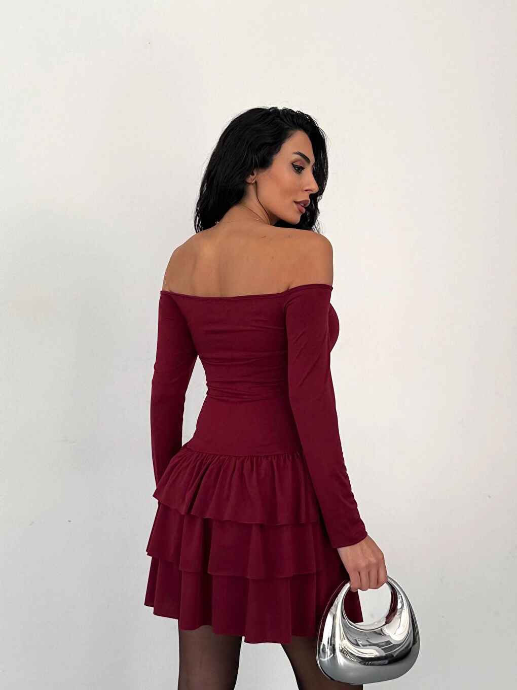 Kadın Bordo Straplez Yaka Kat Kat Etek Detaylı Mini Elbise HZL25W-FRY123581-4