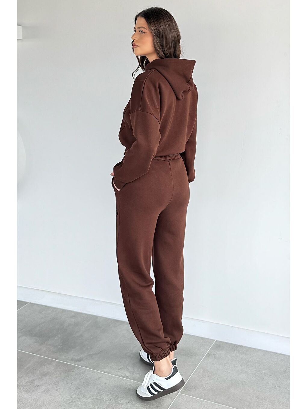 Kahverengi Kadın Üç İplik Şardonlu Kapüşonlu Eşofman Takımı-3