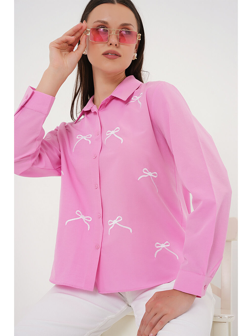 Kadın Fiyonk Detay Gömlek 20311 - Pembe-2