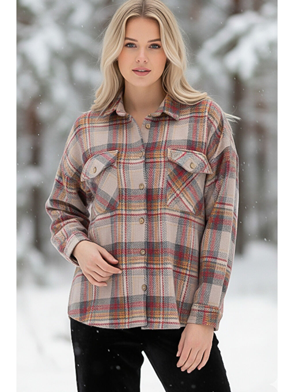 Bej Gömlek Yaka Manşetli Kollu Ekose Çift Kapaklı Cepli Kalın Casual Oversize Dokuma Gömlek 68 66