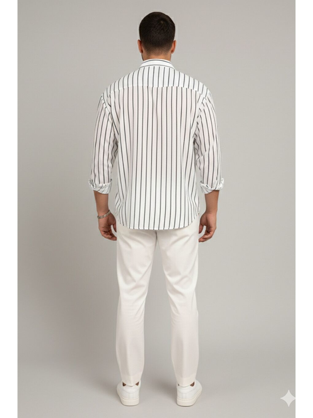 Beyaz Erkek İki Çizgili Regular Relaxed Fit Uzun Kollu Gömlek-1
