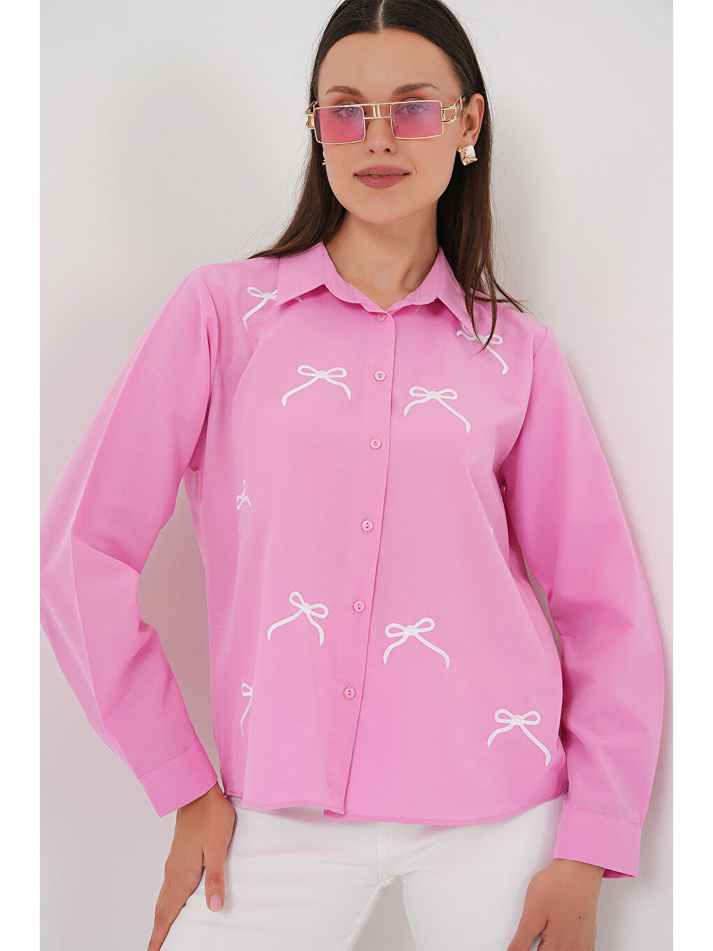 Kadın Fiyonk Detay Gömlek 20311 - Pembe-3