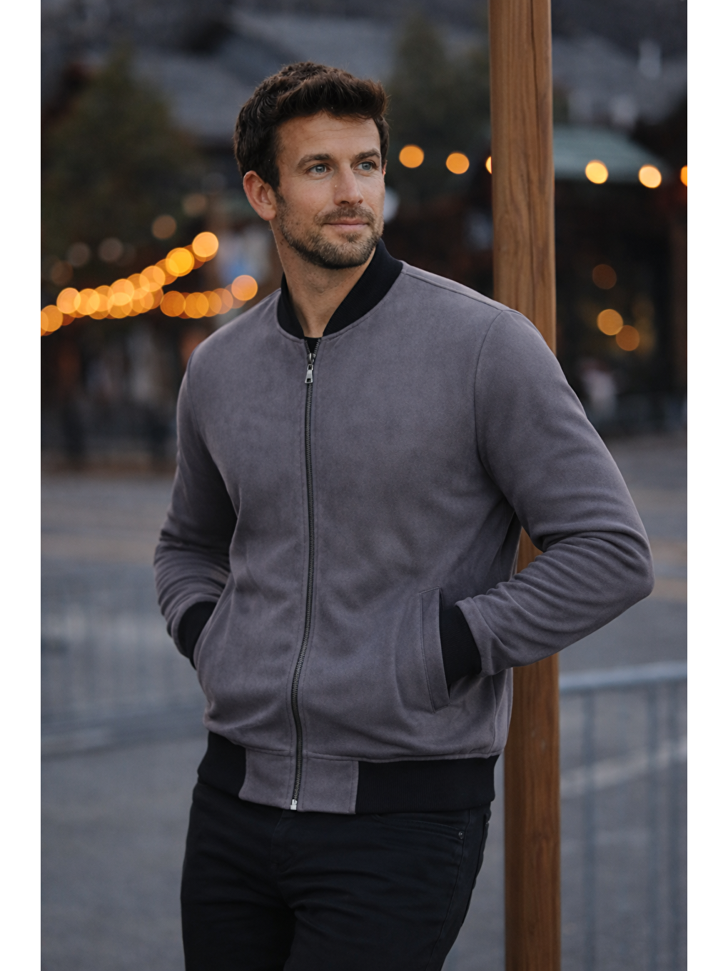 Gri Erkek Comfort Fit Basic Füme Süet Nubuk Ceket-4