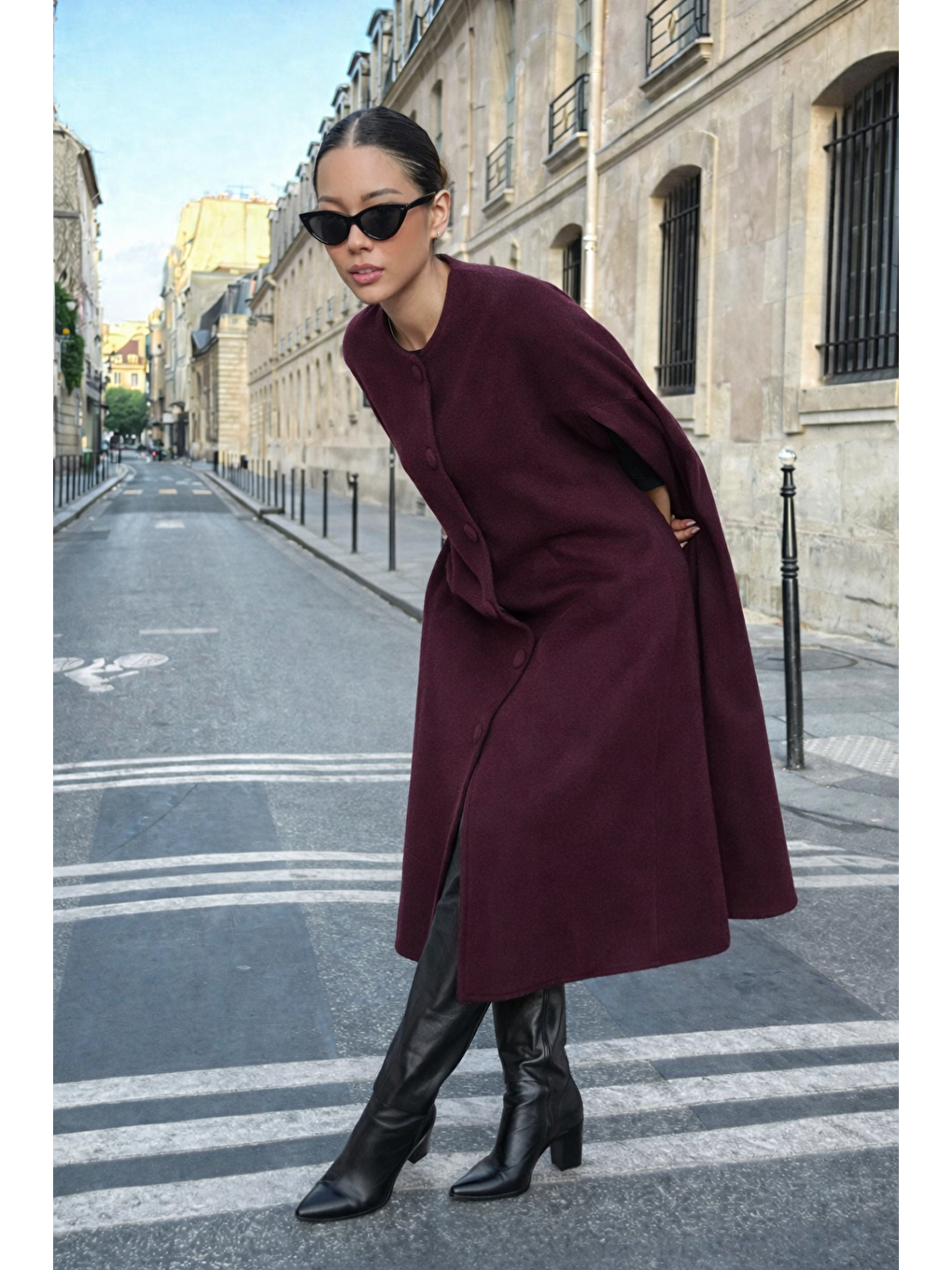 Kadın Günlük Kolsuz Bol Bordo Kaşe Panço-2