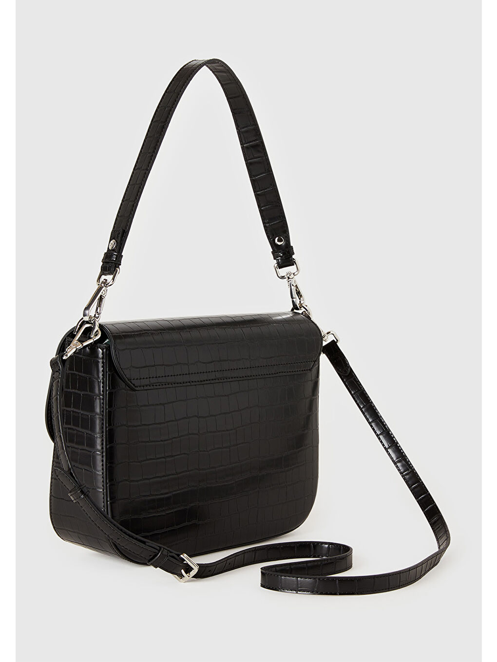 Kadın Siyah Logo Detaylı Metal Tokalı Ayarlanabilir Askılı Kroko Çanta-1